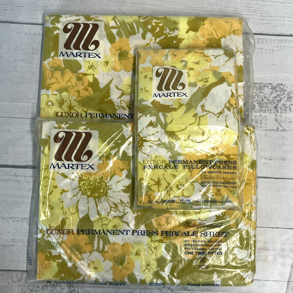 Vintage Martex Luxor Percale Twin Fitted Sheet Set 3pc Yellow Green Pillowcases